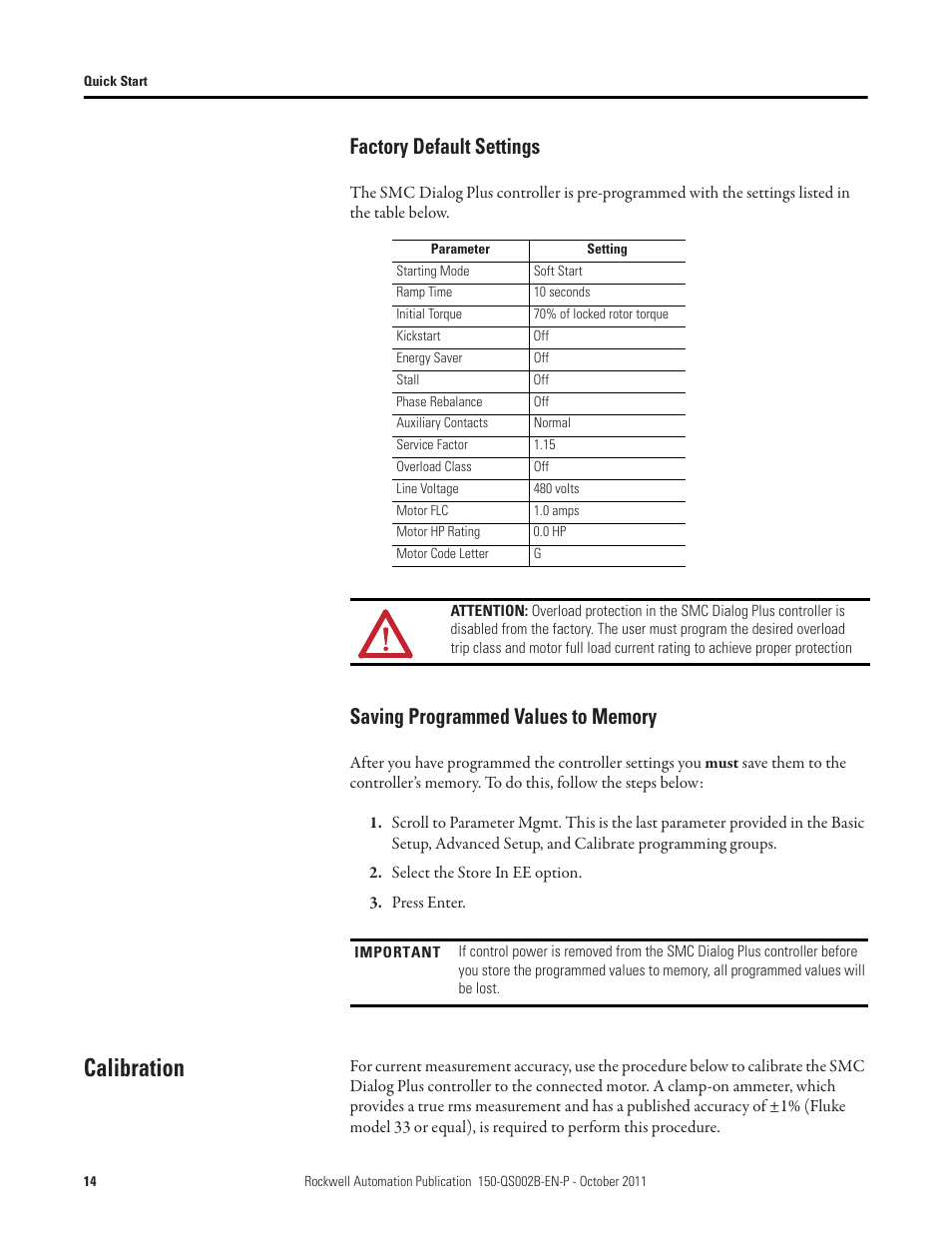 Calibration, Factory default settings | Rockwell Automation 150 SMC Dialog Plus Controller - Quick Start User Manual | Page 14 / 20