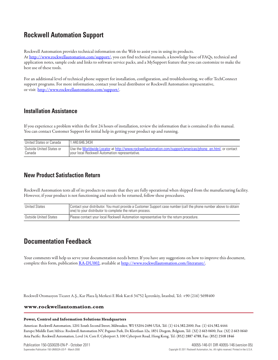 Back cover, Rockwell automation support, Documentation feedback | Installation assistance, New product satisfaction return | Rockwell Automation 150 SMC Dialog Plus Controller - Quick Start User Manual | Page 20 / 20