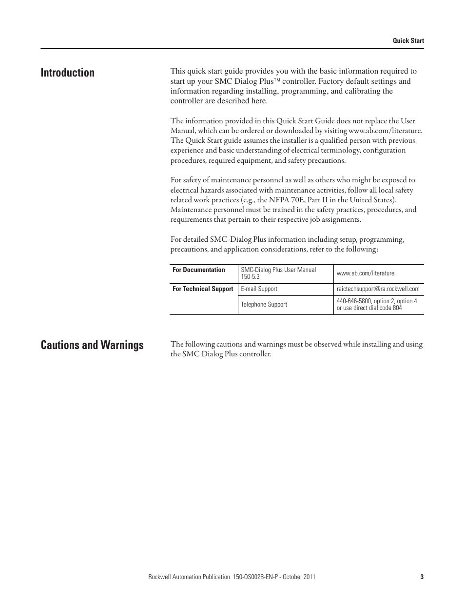 Introduction, Cautions and warnings | Rockwell Automation 150 SMC Dialog Plus Controller - Quick Start User Manual | Page 3 / 20