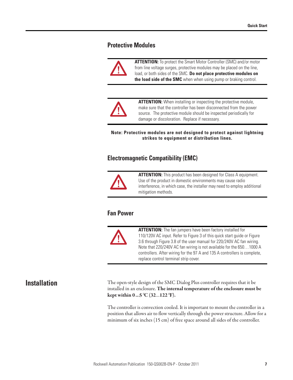 Installation, Protective modules, Electromagnetic compatibility (emc) fan power | Rockwell Automation 150 SMC Dialog Plus Controller - Quick Start User Manual | Page 7 / 20