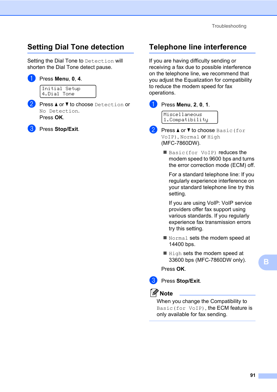 Setting dial tone detection, Telephone line interference, Bsetting dial tone detection | Brother MFC 7460DN User Manual | Page 101 / 151