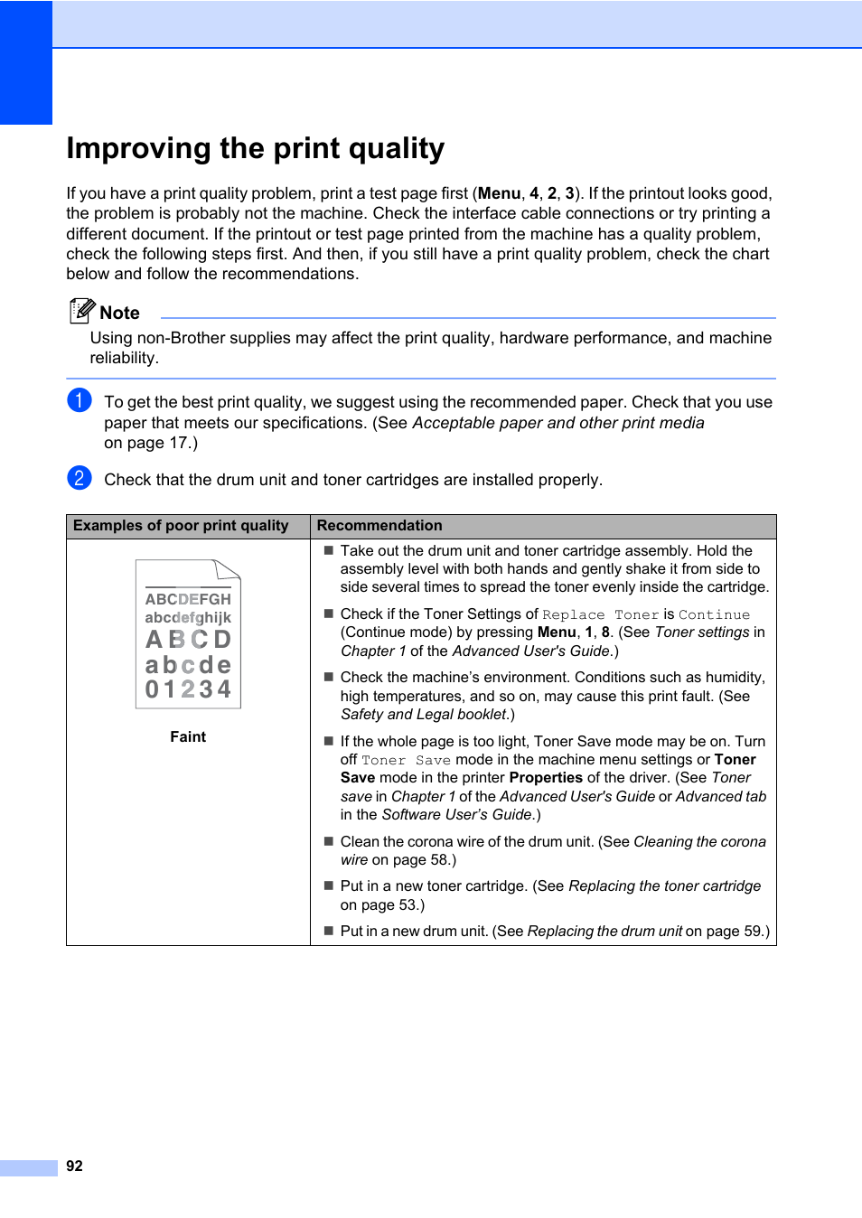 Improving the print quality | Brother MFC 7460DN User Manual | Page 102 / 151