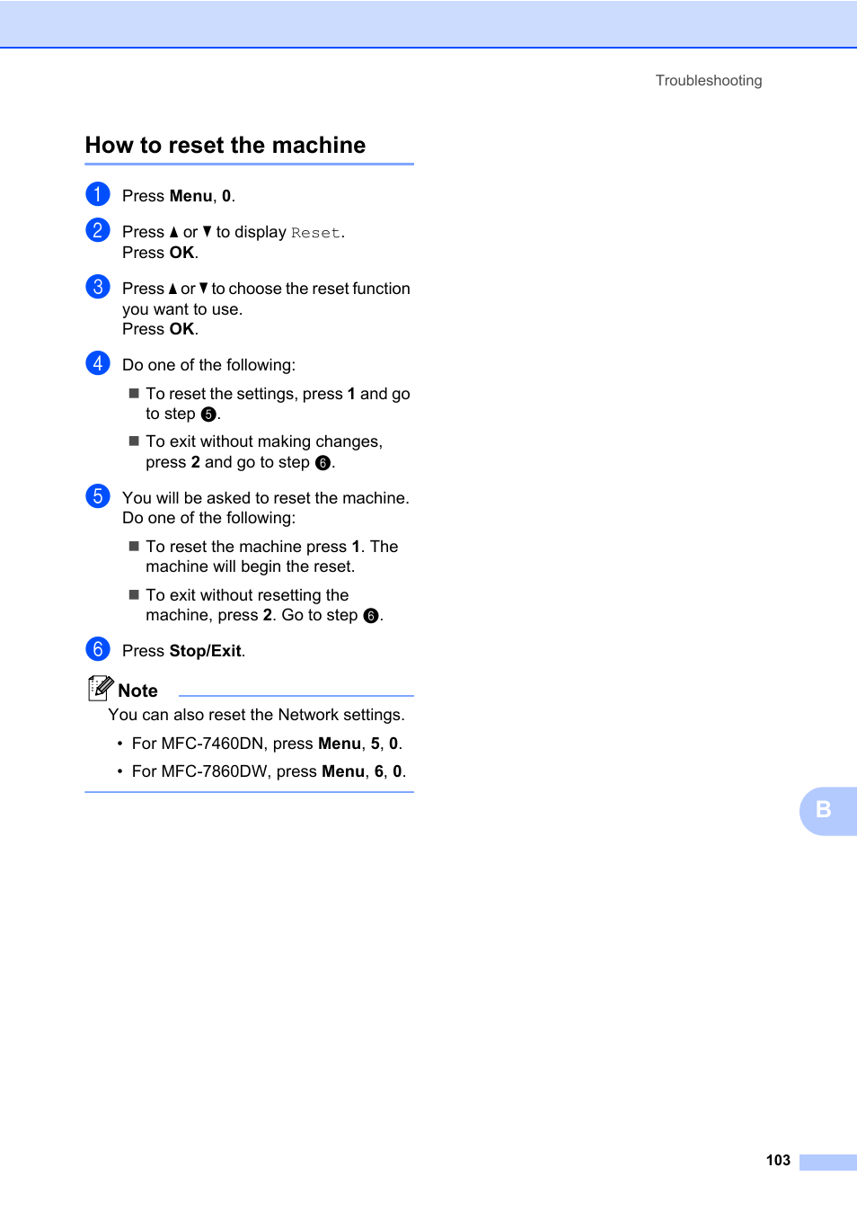 How to reset the machine, Bhow to reset the machine | Brother MFC 7460DN User Manual | Page 113 / 151