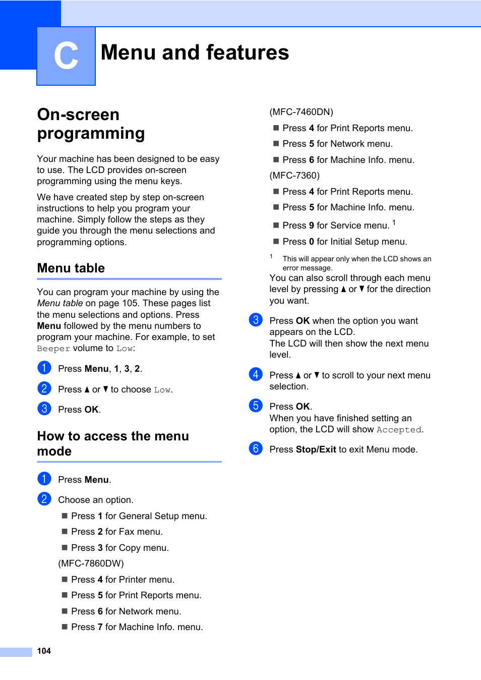 C menu and features, On-screen programming, Menu table | How to access the menu mode, Menu and features, Menu table how to access the menu mode | Brother MFC 7460DN User Manual | Page 114 / 151