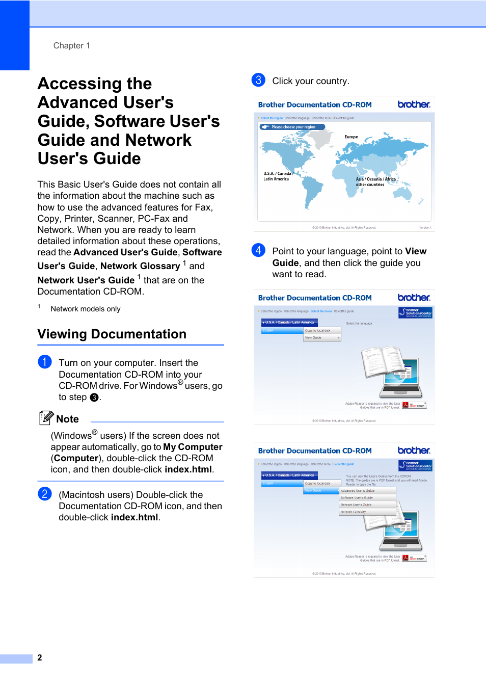 Viewing documentation, Network user's guide | Brother MFC 7460DN User Manual | Page 12 / 151