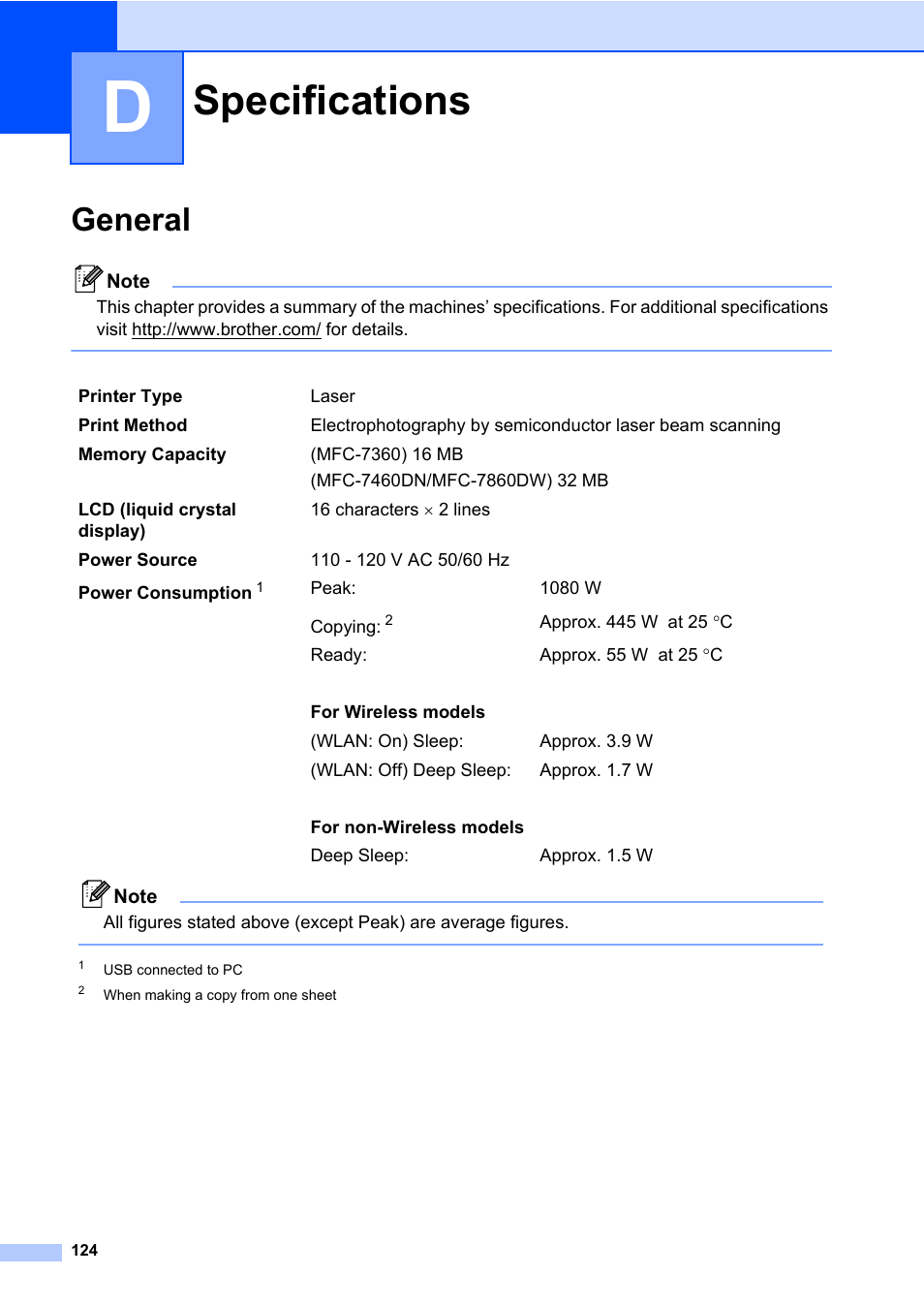D specifications, General, Specifications | Brother MFC 7460DN User Manual | Page 134 / 151