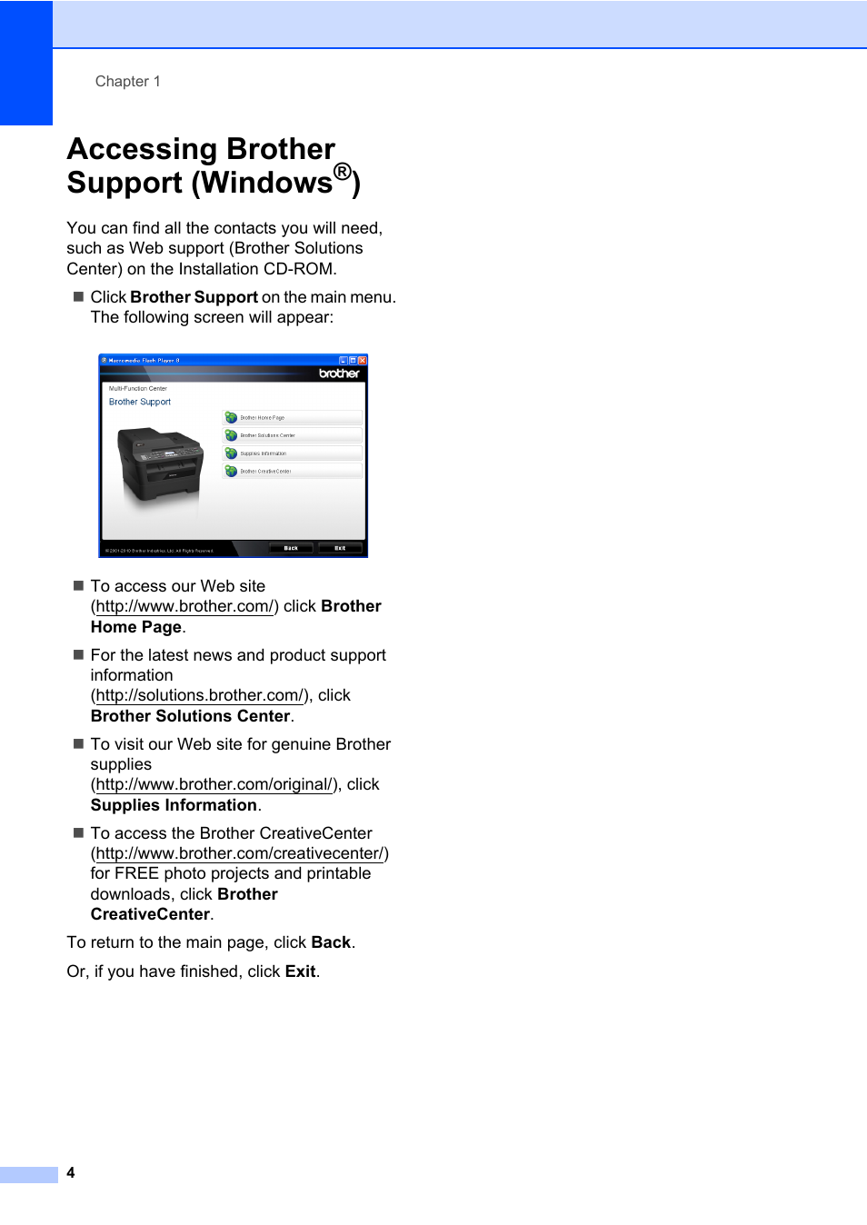 Accessing brother support (windows®), Accessing brother support (windows | Brother MFC 7460DN User Manual | Page 14 / 151