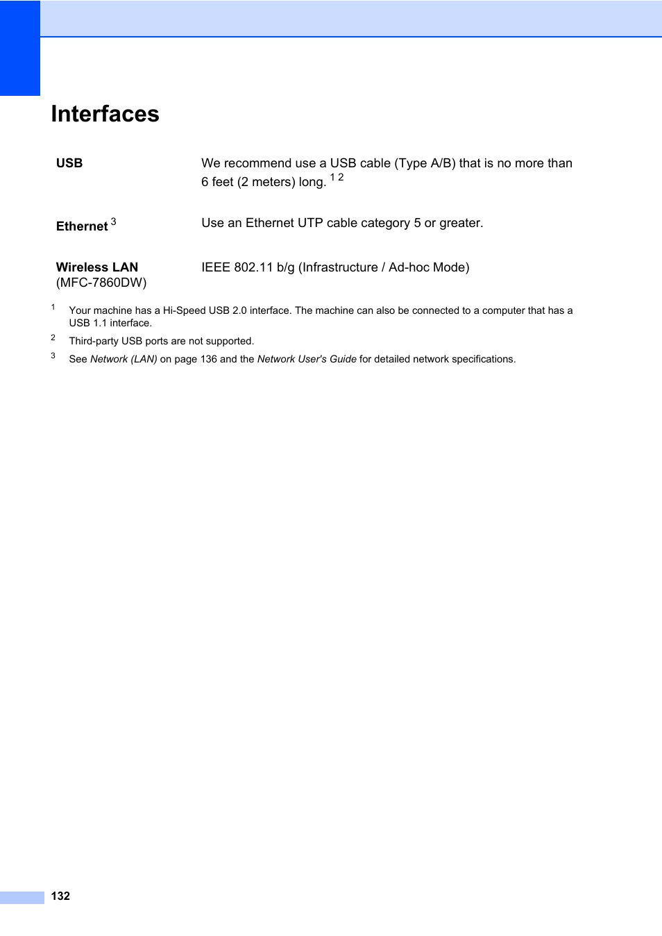 Interfaces | Brother MFC 7460DN User Manual | Page 142 / 151