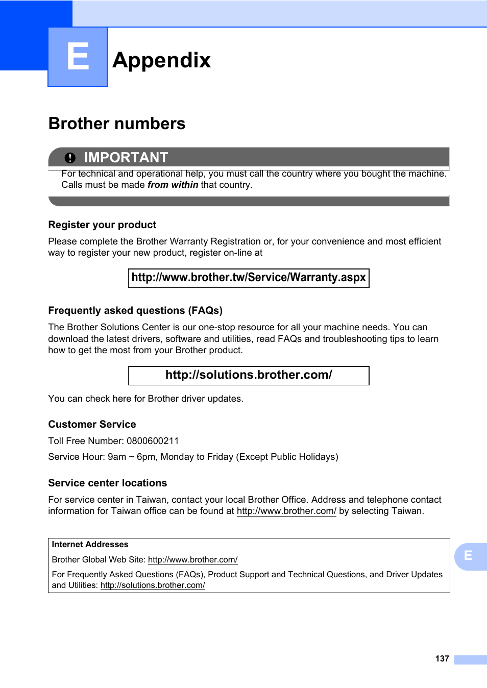 E appendix, Brother numbers, Appendix | Important | Brother MFC 7460DN User Manual | Page 147 / 151