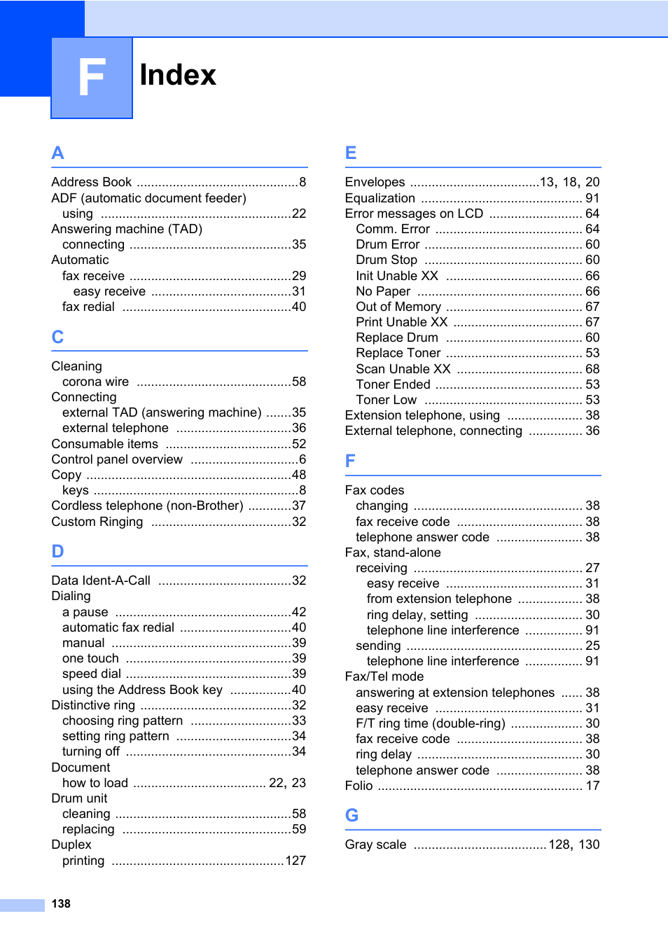 Index | Brother MFC 7460DN User Manual | Page 148 / 151
