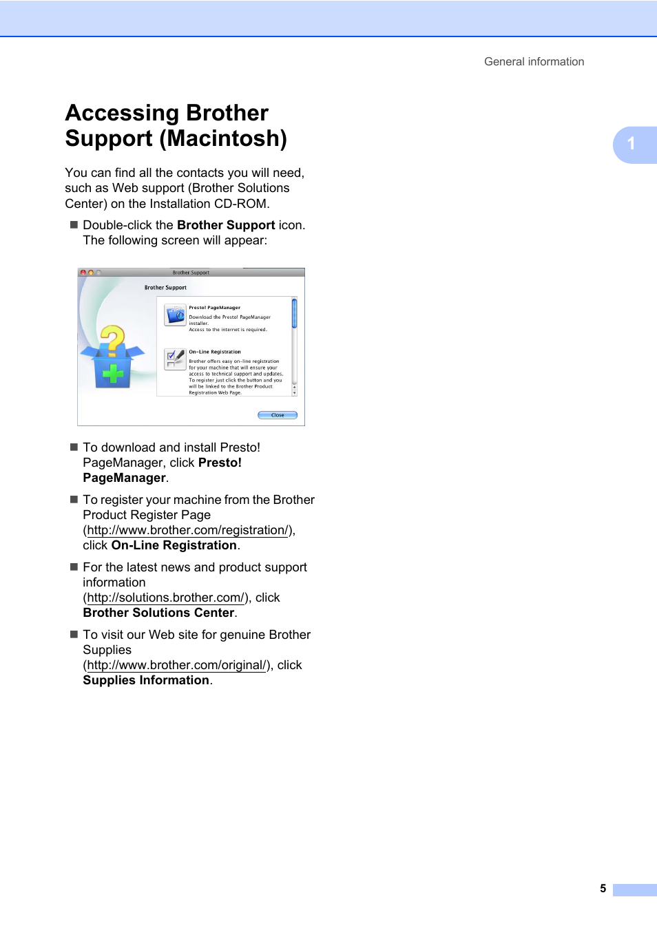 Accessing brother support (macintosh) | Brother MFC 7460DN User Manual | Page 15 / 151