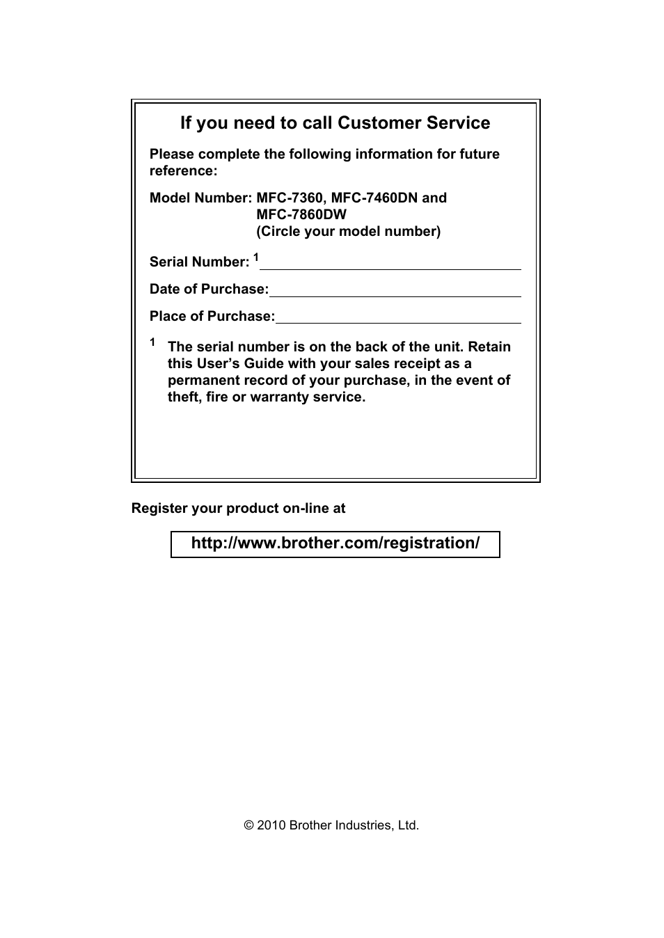 If you need to call customer service | Brother MFC 7460DN User Manual | Page 2 / 151