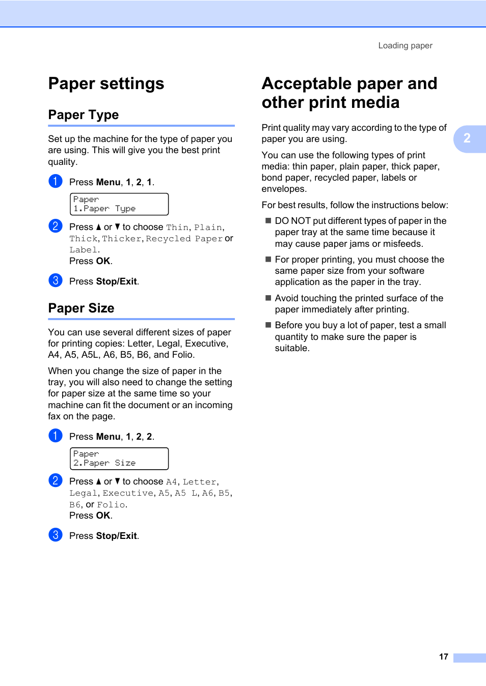 Paper settings, Paper type, Paper size | Acceptable paper and other print media, Paper type paper size | Brother MFC 7460DN User Manual | Page 27 / 151