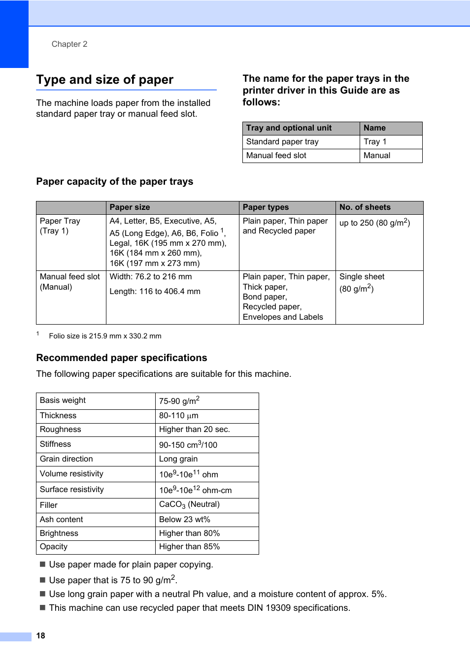 Type and size of paper, Paper capacity of the paper trays, Recommended paper specifications | Brother MFC 7460DN User Manual | Page 28 / 151