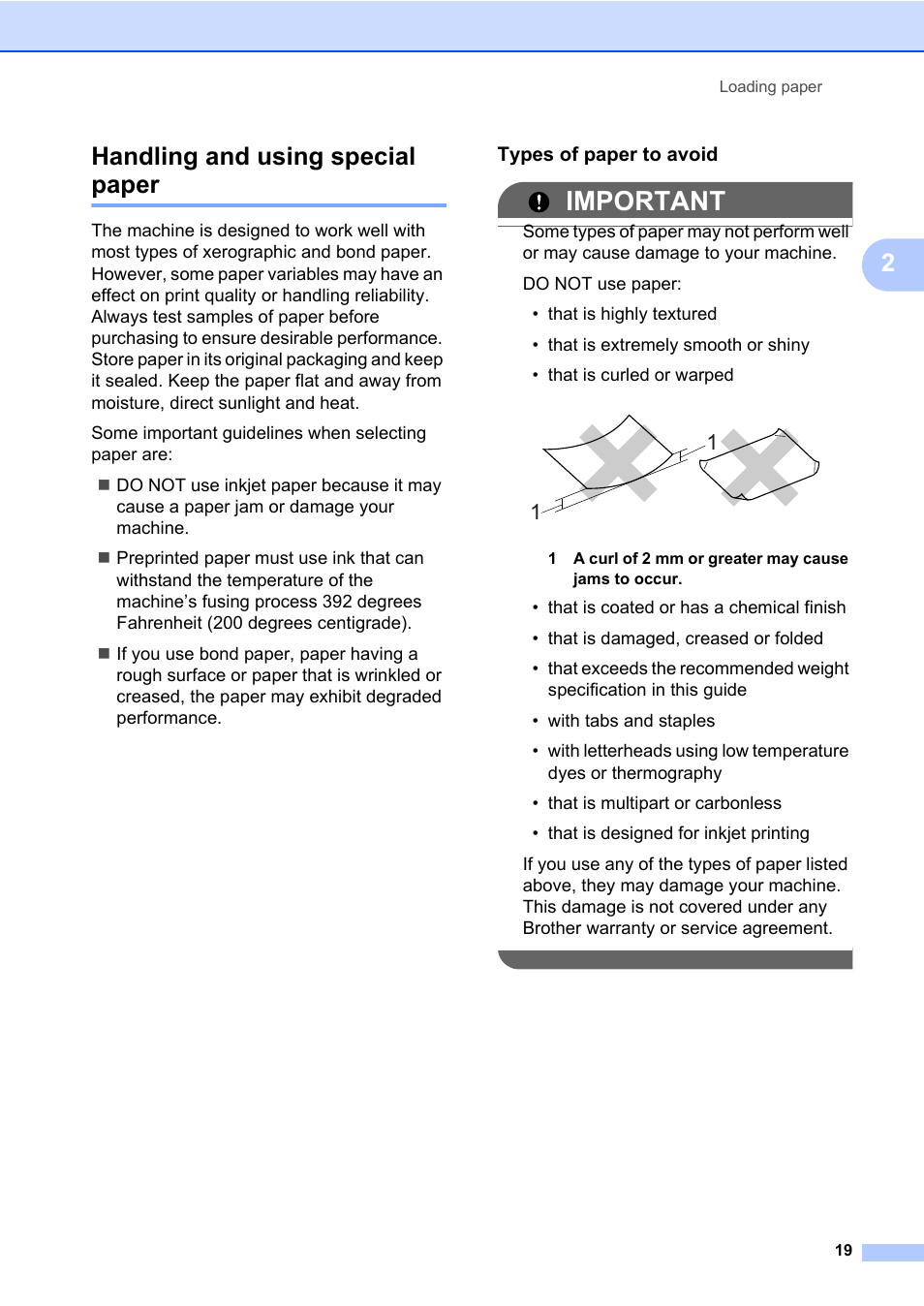 Handling and using special paper, Types of paper to avoid, Important | 2handling and using special paper | Brother MFC 7460DN User Manual | Page 29 / 151
