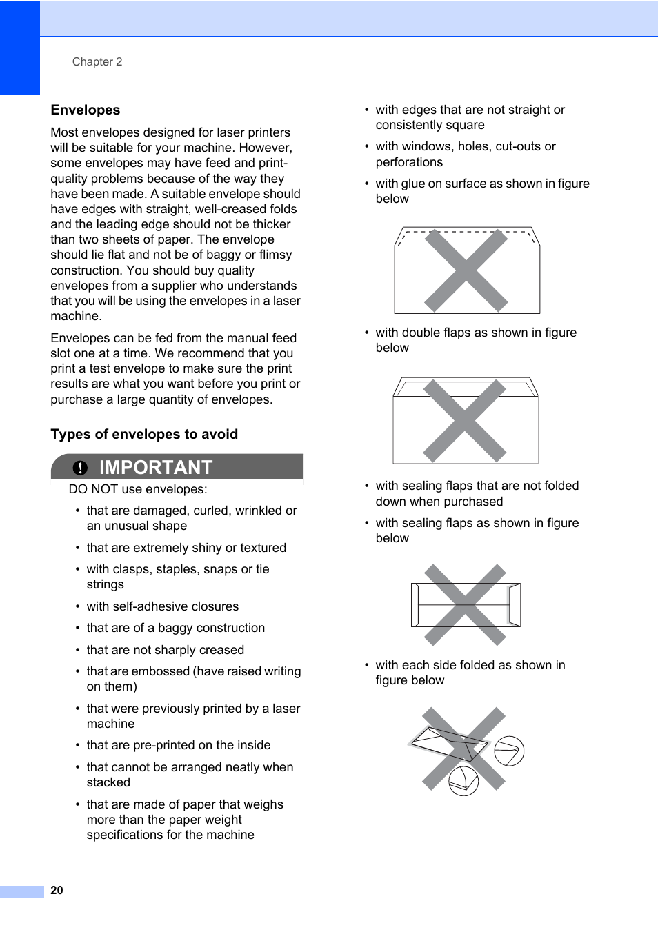 Envelopes, Types of envelopes to avoid, Important | Brother MFC 7460DN User Manual | Page 30 / 151