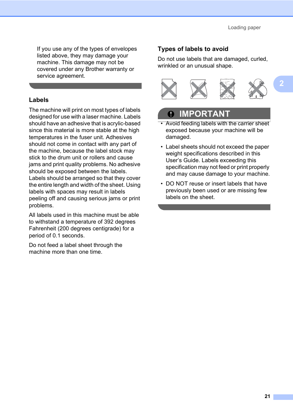 Labels, Types of labels to avoid, Important | Brother MFC 7460DN User Manual | Page 31 / 151