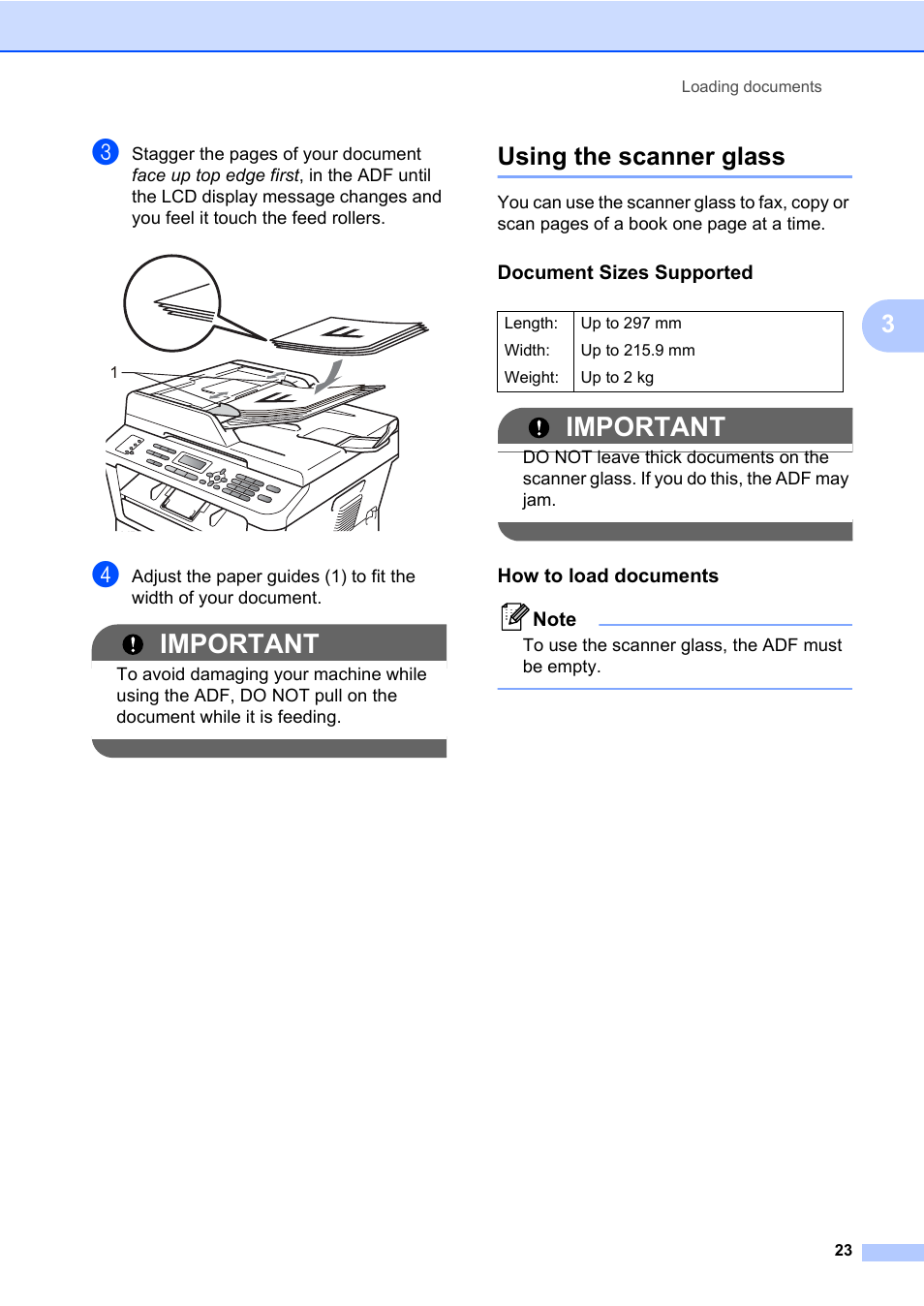 Using the scanner glass, Document sizes supported, How to load documents | Important | Brother MFC 7460DN User Manual | Page 33 / 151