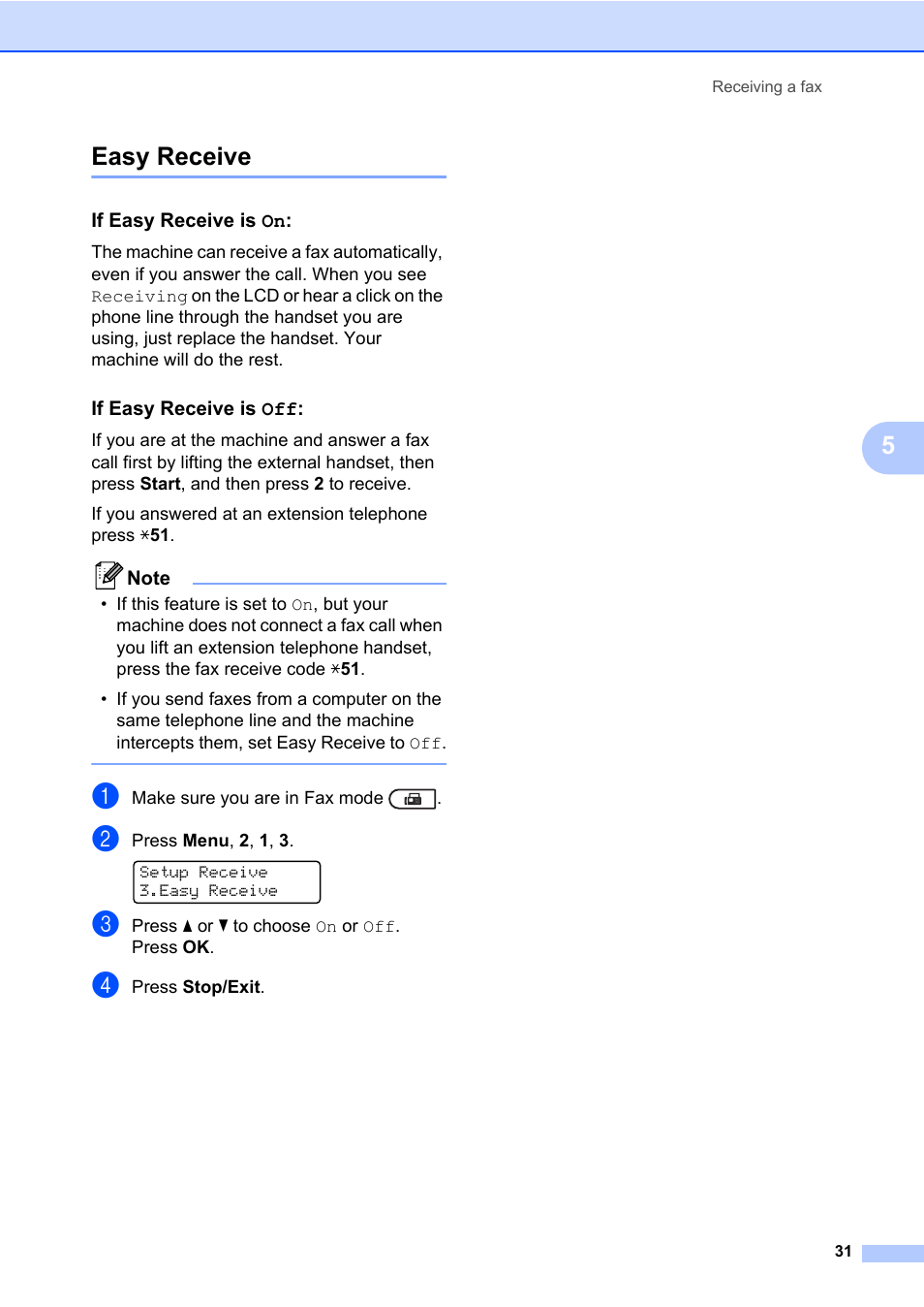 Easy receive, If easy receive is on, If easy receive is off | 5easy receive | Brother MFC 7460DN User Manual | Page 41 / 151