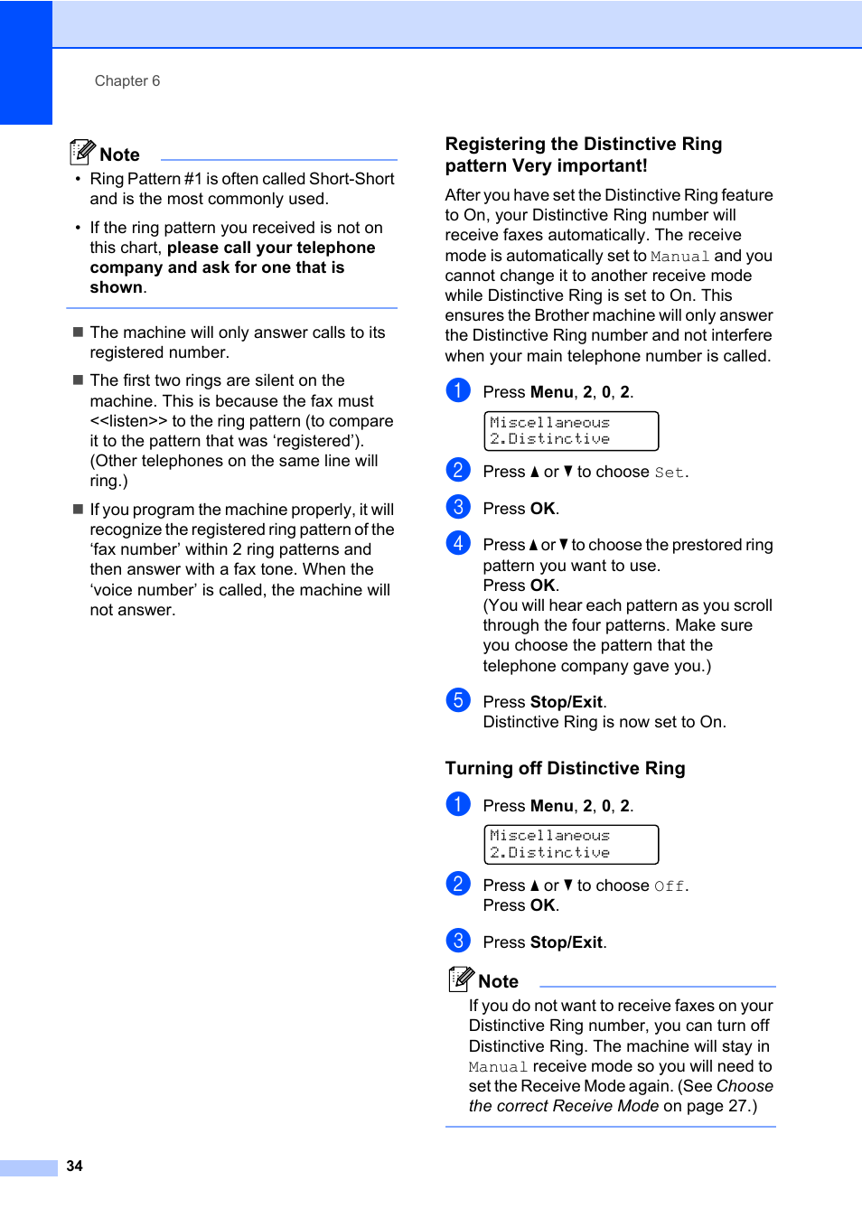 Turning off distinctive ring | Brother MFC 7460DN User Manual | Page 44 / 151