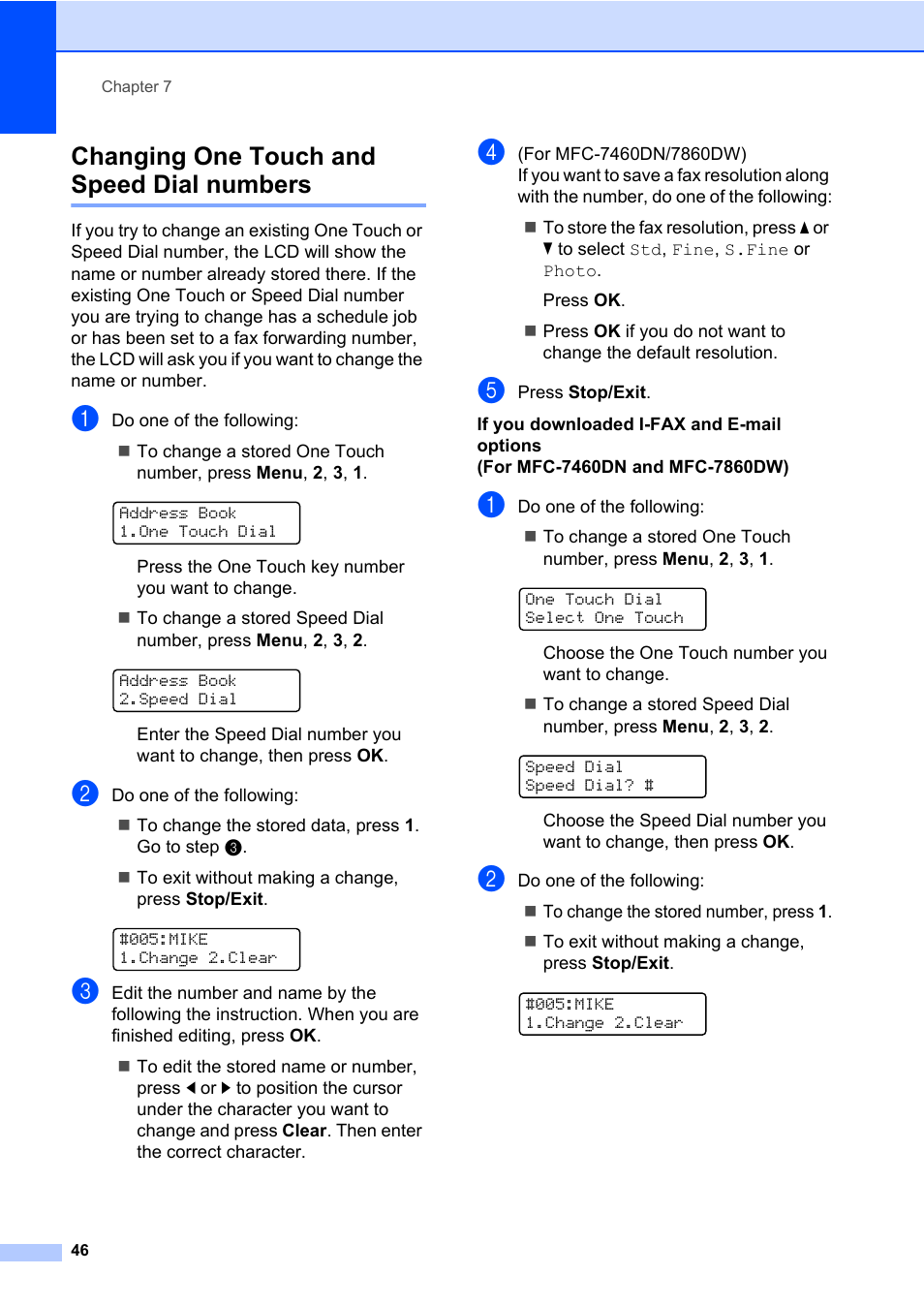 Changing one touch and speed dial numbers | Brother MFC 7460DN User Manual | Page 56 / 151