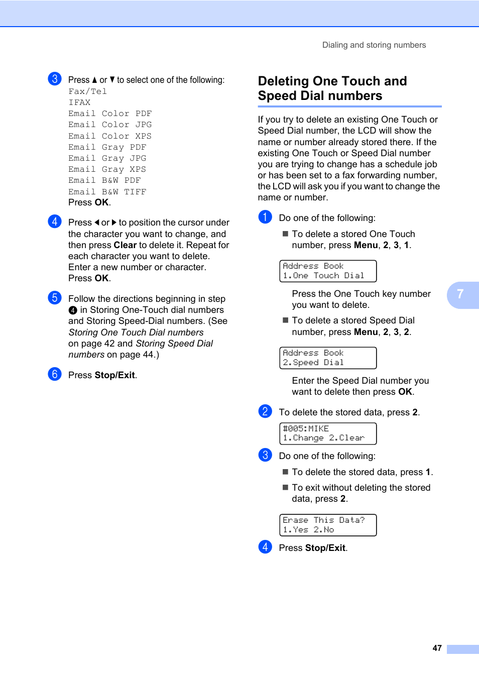 Deleting one touch and speed dial numbers | Brother MFC 7460DN User Manual | Page 57 / 151