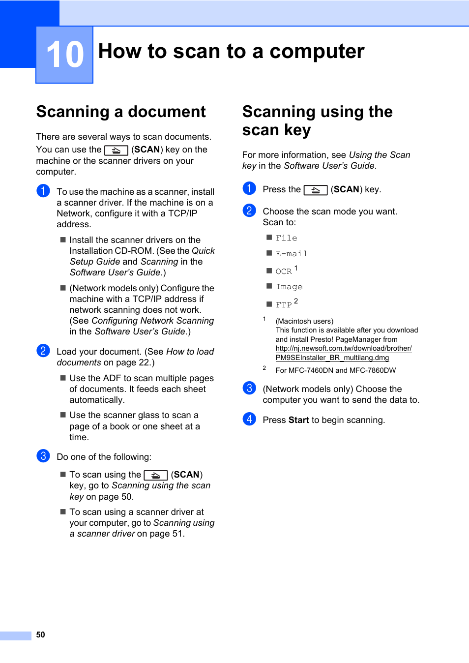 10 how to scan to a computer, Scanning a document, Scanning using the scan key | How to scan to a computer, Scanning a document scanning using the scan key | Brother MFC 7460DN User Manual | Page 60 / 151