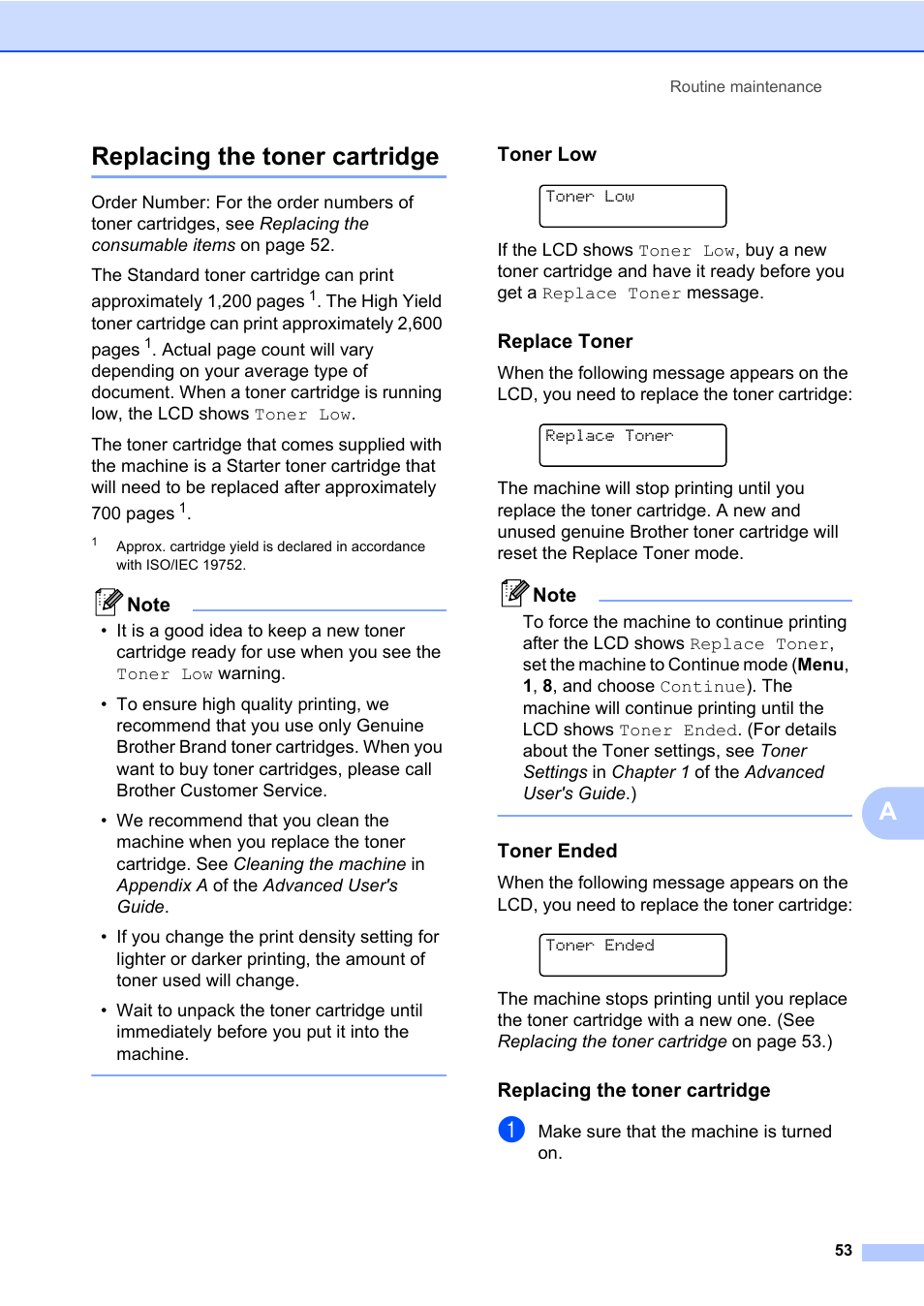 Replacing the toner cartridge, Toner low, Replace toner | Toner ended, Areplacing the toner cartridge | Brother MFC 7460DN User Manual | Page 63 / 151