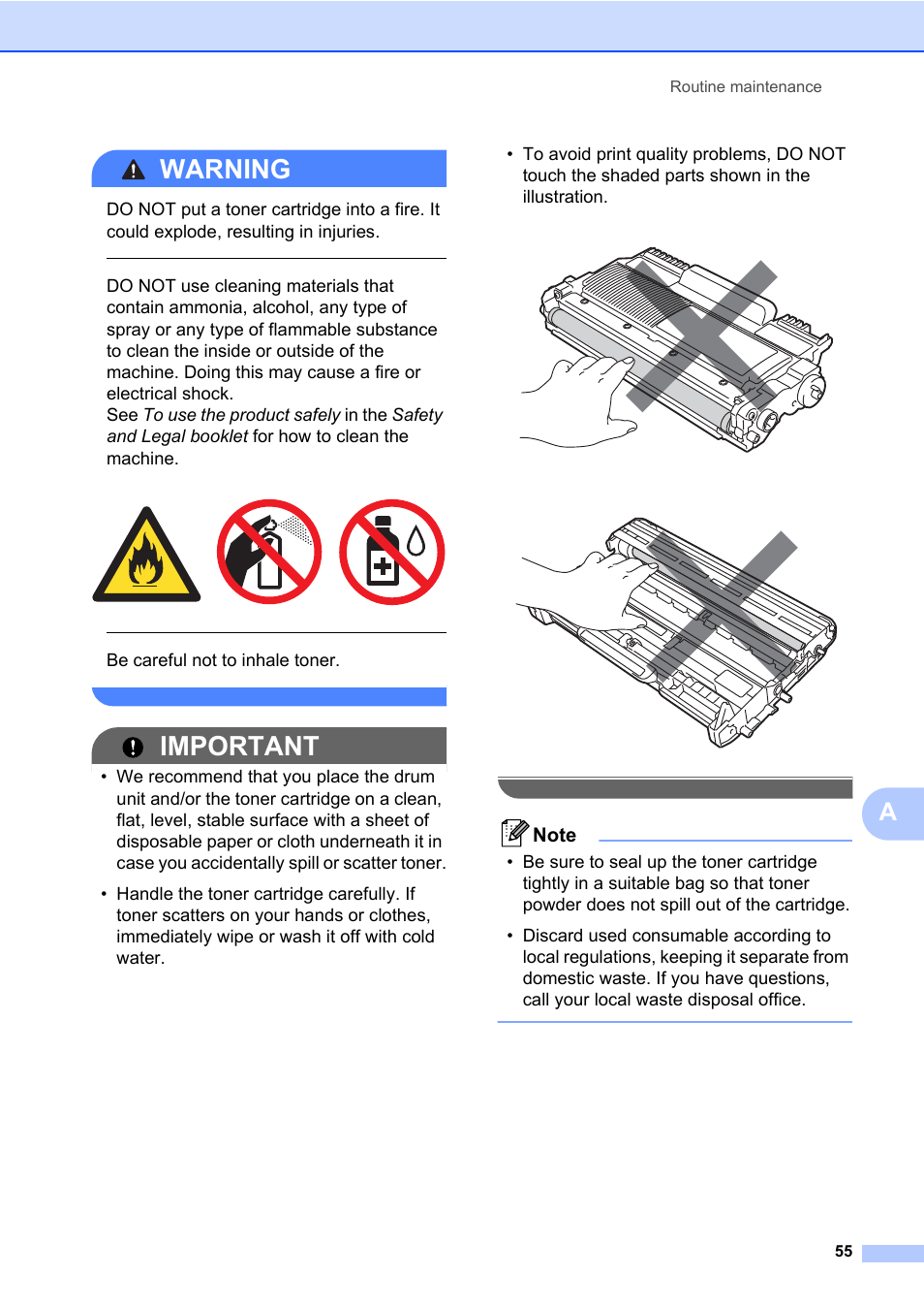 Warning, Important, Be careful not to inhale toner | Brother MFC 7460DN User Manual | Page 65 / 151