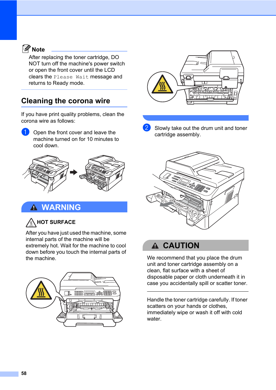 Cleaning the corona wire, Warning, Caution | Brother MFC 7460DN User Manual | Page 68 / 151