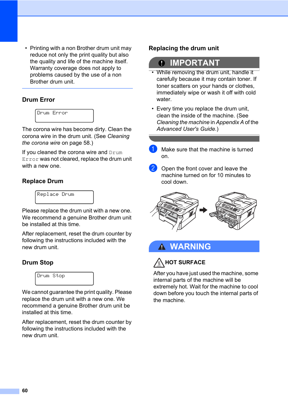Drum error, Replace drum, Drum stop | Replacing the drum unit, Important, Warning | Brother MFC 7460DN User Manual | Page 70 / 151