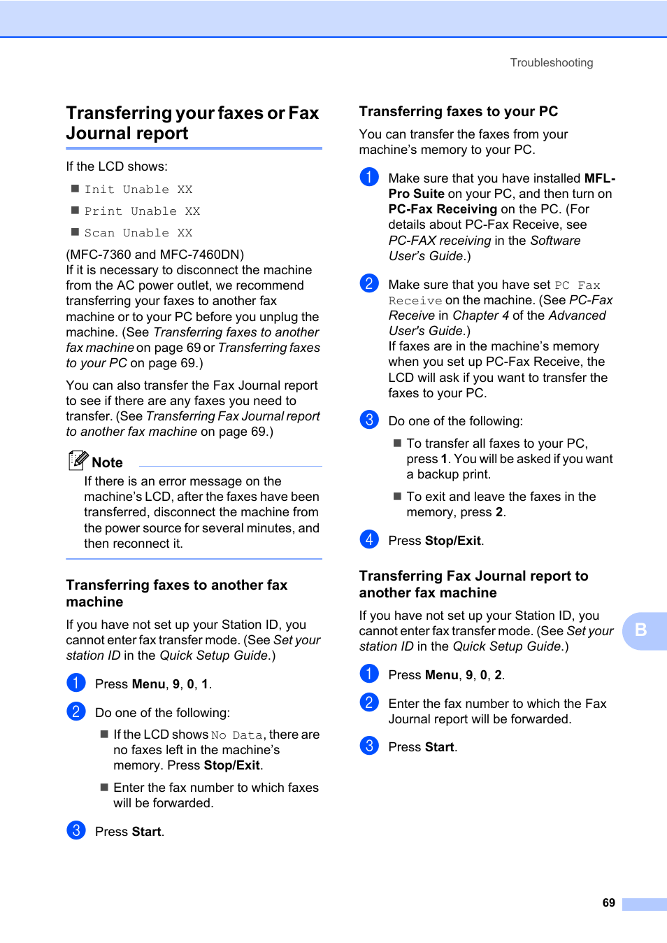 Transferring your faxes or fax journal report, Transferring faxes to another fax machine, Transferring faxes to your pc | Btransferring your faxes or fax journal report | Brother MFC 7460DN User Manual | Page 79 / 151