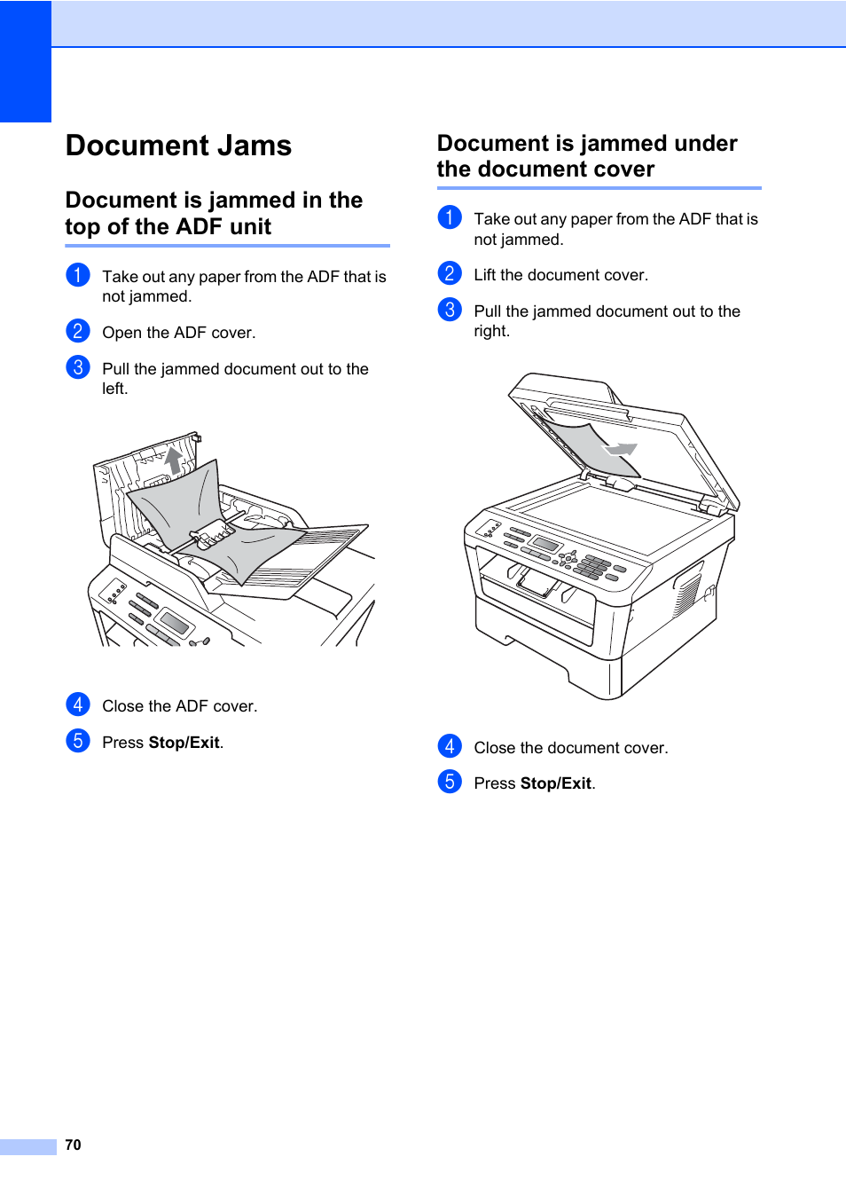 Document jams, Document is jammed in the top of the adf unit, Document is jammed under the document cover | Brother MFC 7460DN User Manual | Page 80 / 151