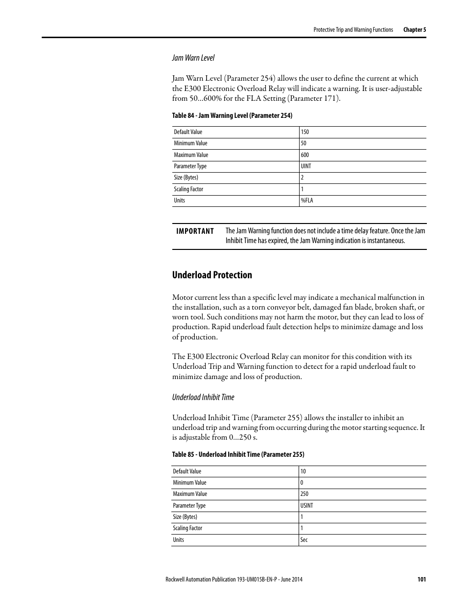 Underload protection | Rockwell Automation 592- E300 Overload Relay User Manual User Manual | Page 101 / 424