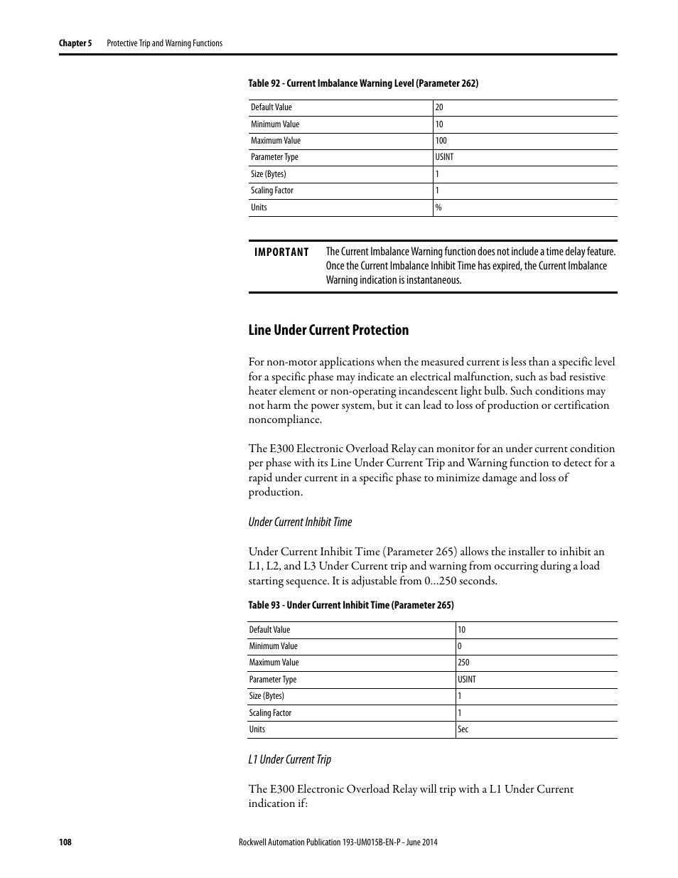 Line under current protection | Rockwell Automation 592- E300 Overload Relay User Manual User Manual | Page 108 / 424