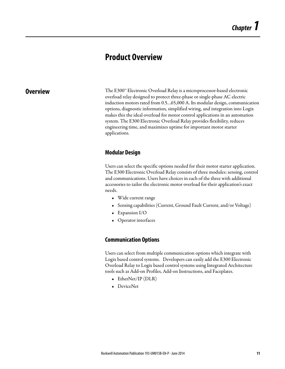 Chapter 1, Product overview, Overview | Modular design, Communication options, Modular design communication options, Chapter | Rockwell Automation 592- E300 Overload Relay User Manual User Manual | Page 11 / 424