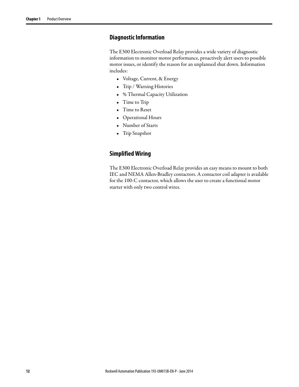 Diagnostic information, Simplified wiring, Diagnostic information simplified wiring | Rockwell Automation 592- E300 Overload Relay User Manual User Manual | Page 12 / 424