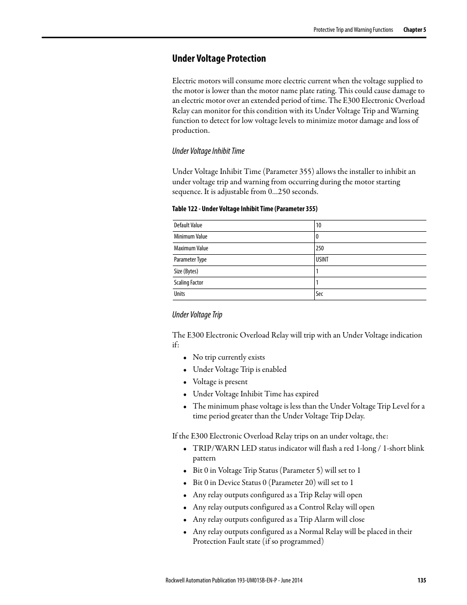 Under voltage protection | Rockwell Automation 592- E300 Overload Relay User Manual User Manual | Page 135 / 424