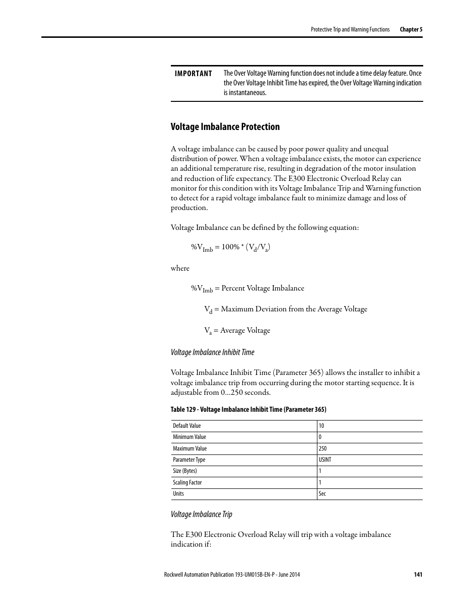 Voltage imbalance protection | Rockwell Automation 592- E300 Overload Relay User Manual User Manual | Page 141 / 424