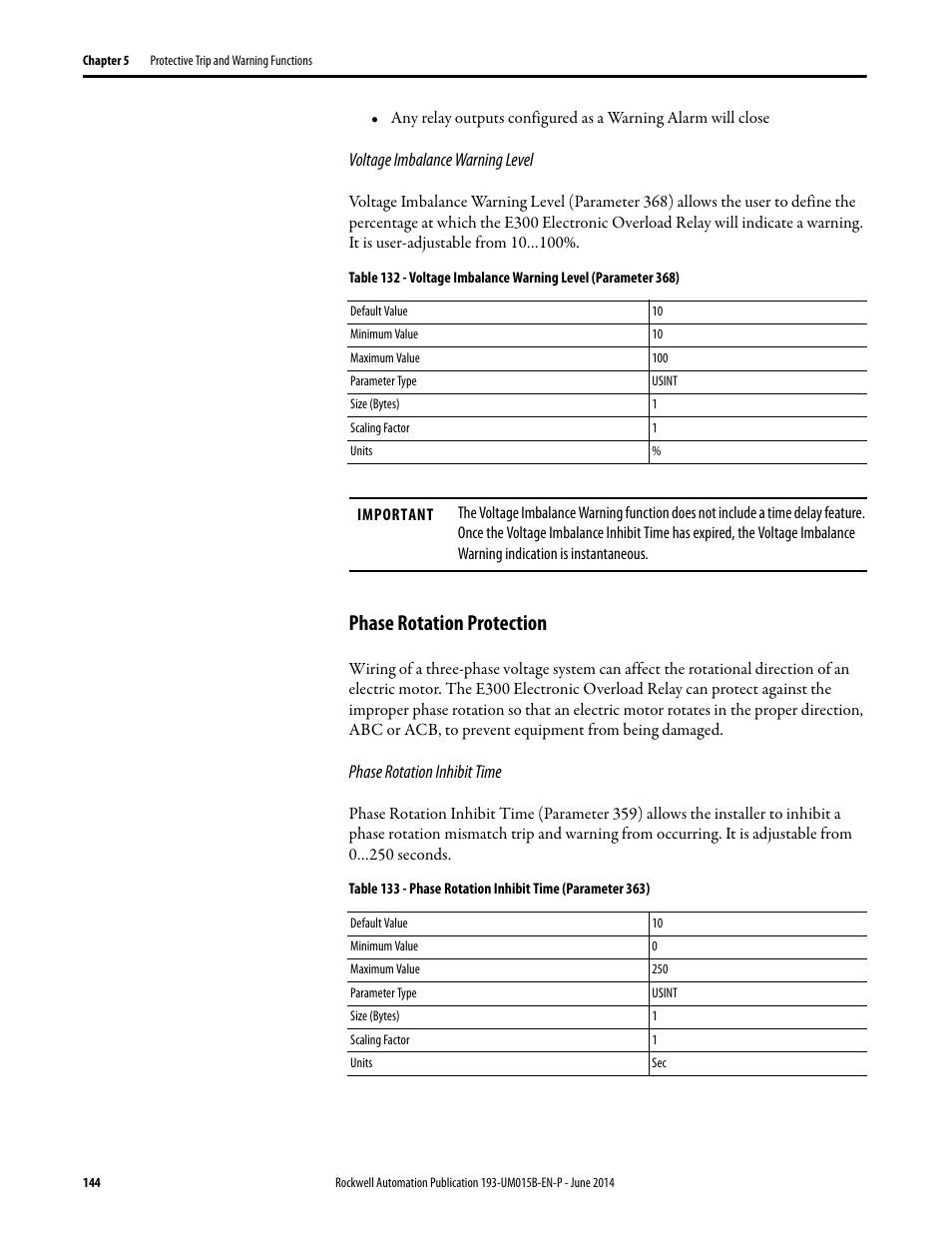 Phase rotation protection | Rockwell Automation 592- E300 Overload Relay User Manual User Manual | Page 144 / 424