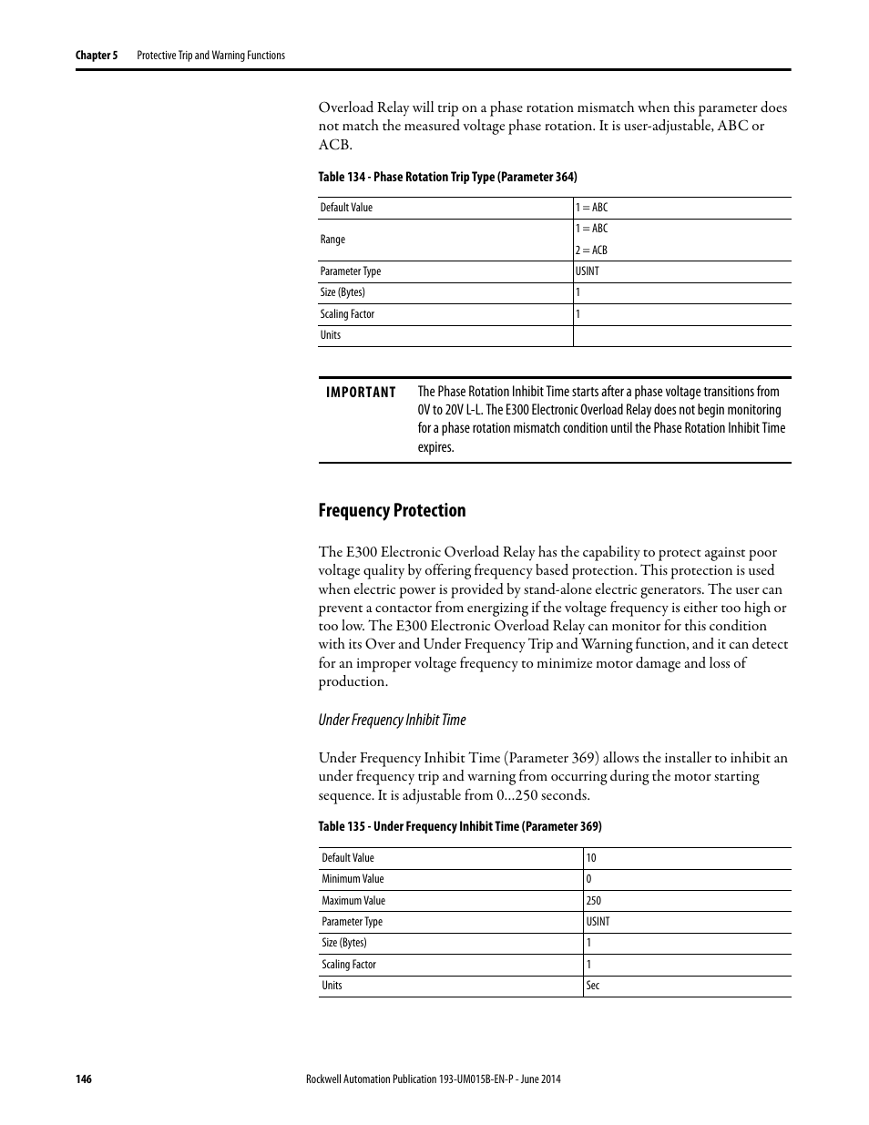 Frequency protection, Under frequency inhibit time | Rockwell Automation 592- E300 Overload Relay User Manual User Manual | Page 146 / 424