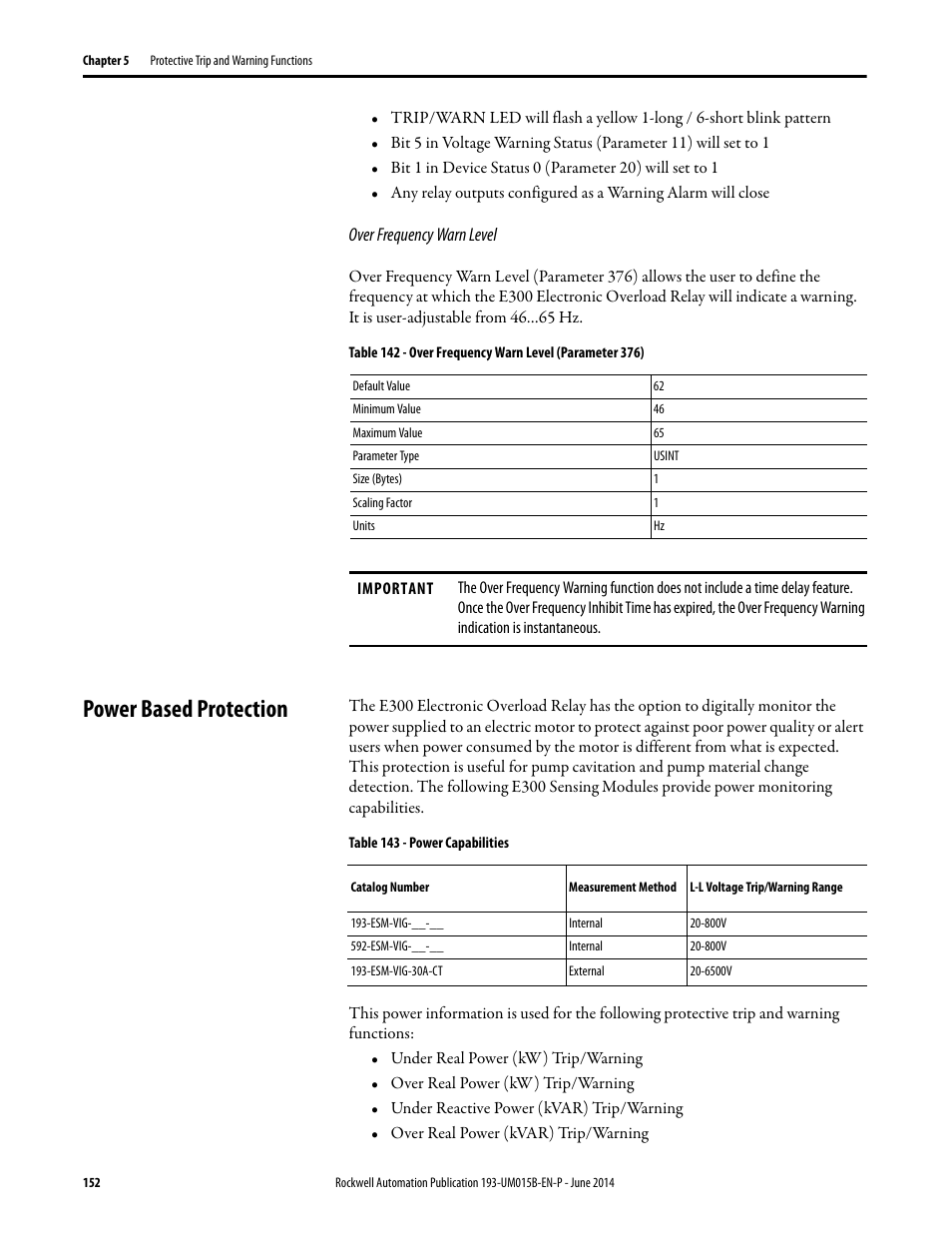 Power based protection | Rockwell Automation 592- E300 Overload Relay User Manual User Manual | Page 152 / 424