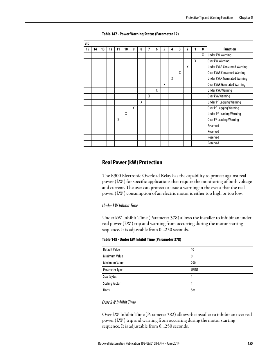 Real power (kw) protection, Under kw inhibit time, Over kw inhibit time | Rockwell Automation 592- E300 Overload Relay User Manual User Manual | Page 155 / 424