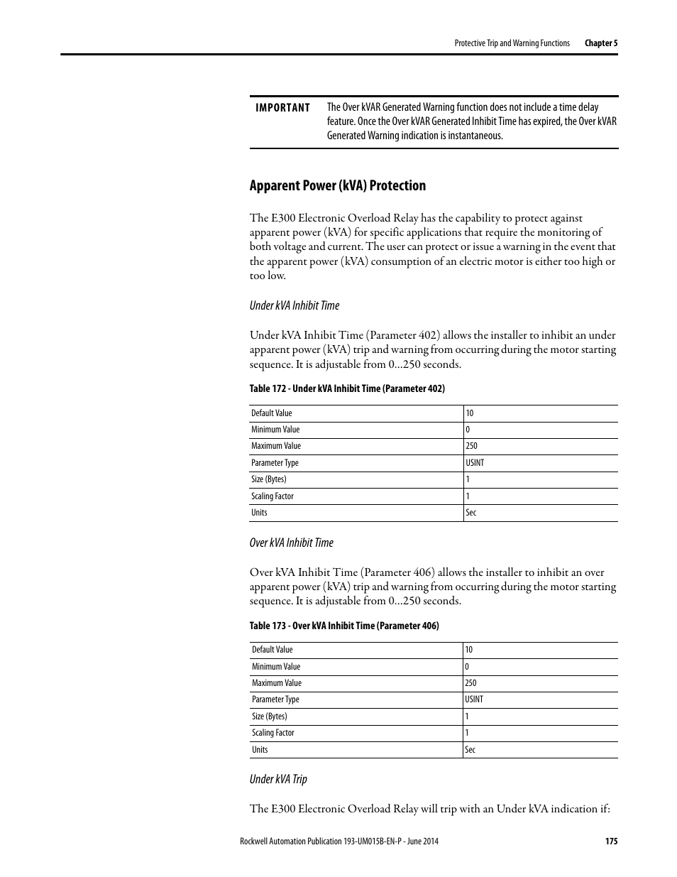 Apparent power (kva) protection | Rockwell Automation 592- E300 Overload Relay User Manual User Manual | Page 175 / 424
