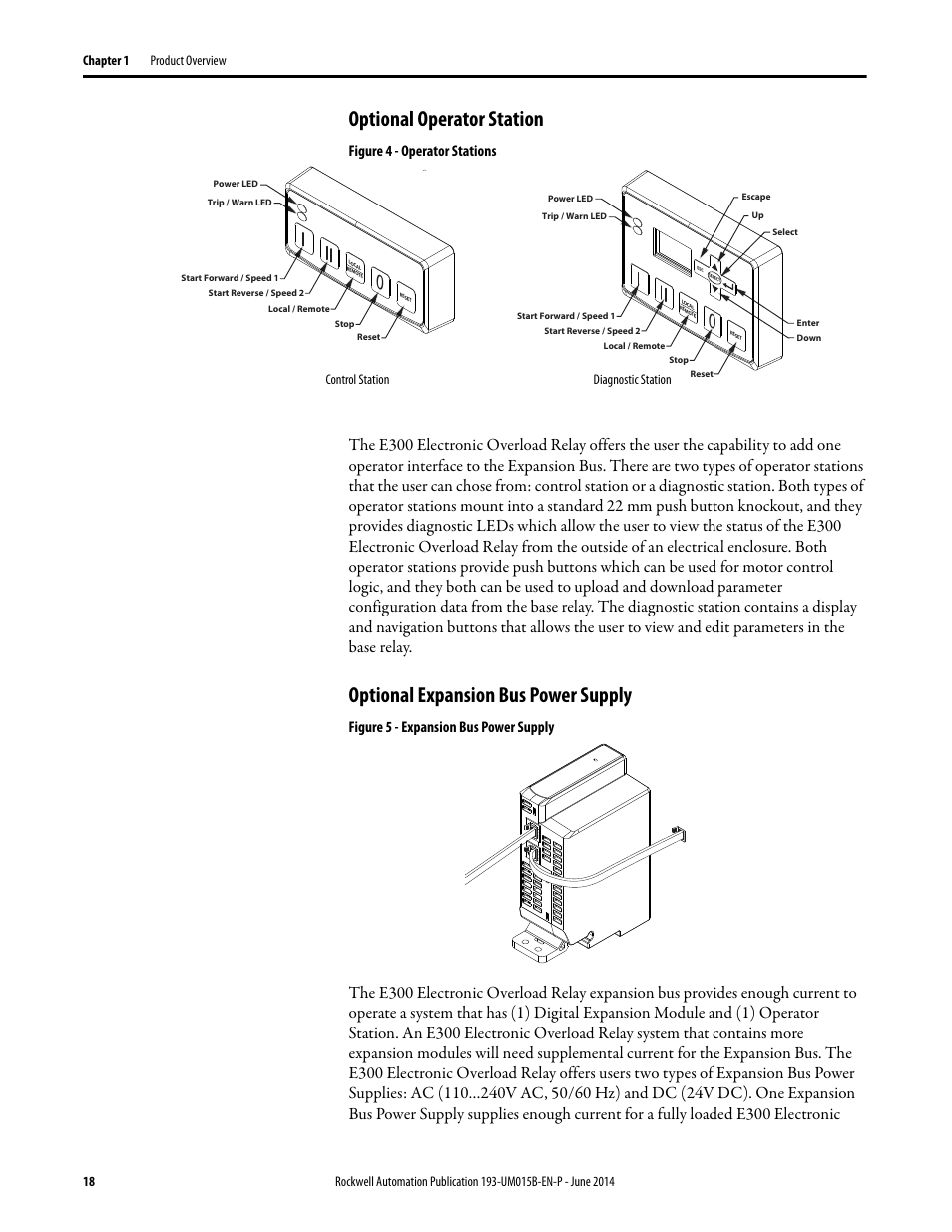 Optional operator station, Optional expansion bus power supply, Figure 4 - operator stations | Figure 5 - expansion bus power supply, Control station diagnostic station | Rockwell Automation 592- E300 Overload Relay User Manual User Manual | Page 18 / 424