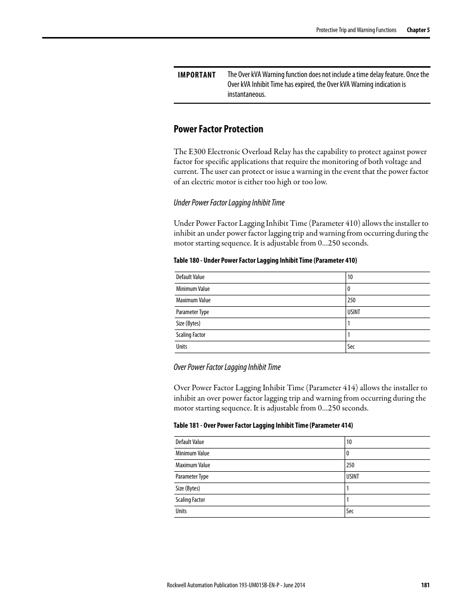 Power factor protection | Rockwell Automation 592- E300 Overload Relay User Manual User Manual | Page 181 / 424