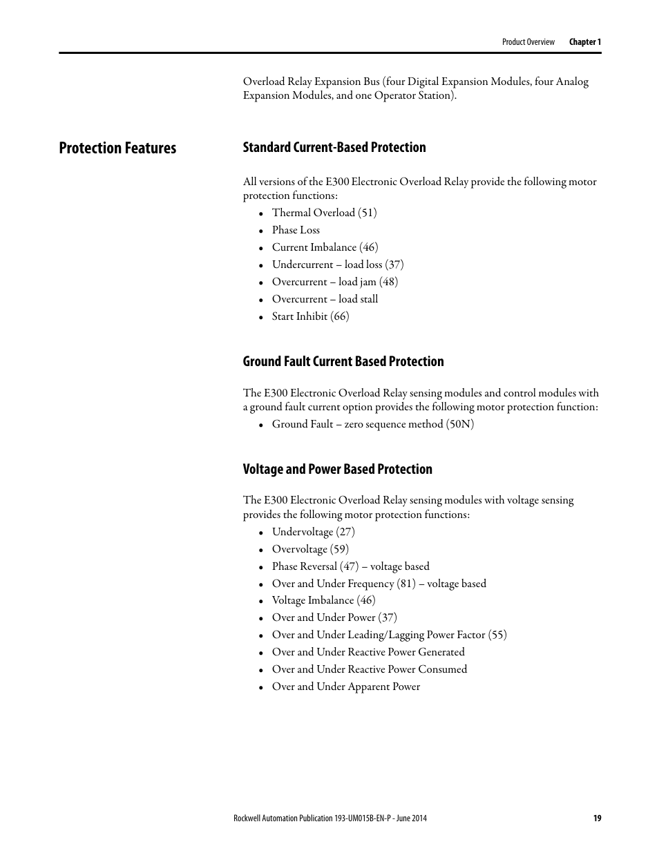 Protection features, Standard current-based protection, Ground fault current based protection | Voltage and power based protection | Rockwell Automation 592- E300 Overload Relay User Manual User Manual | Page 19 / 424