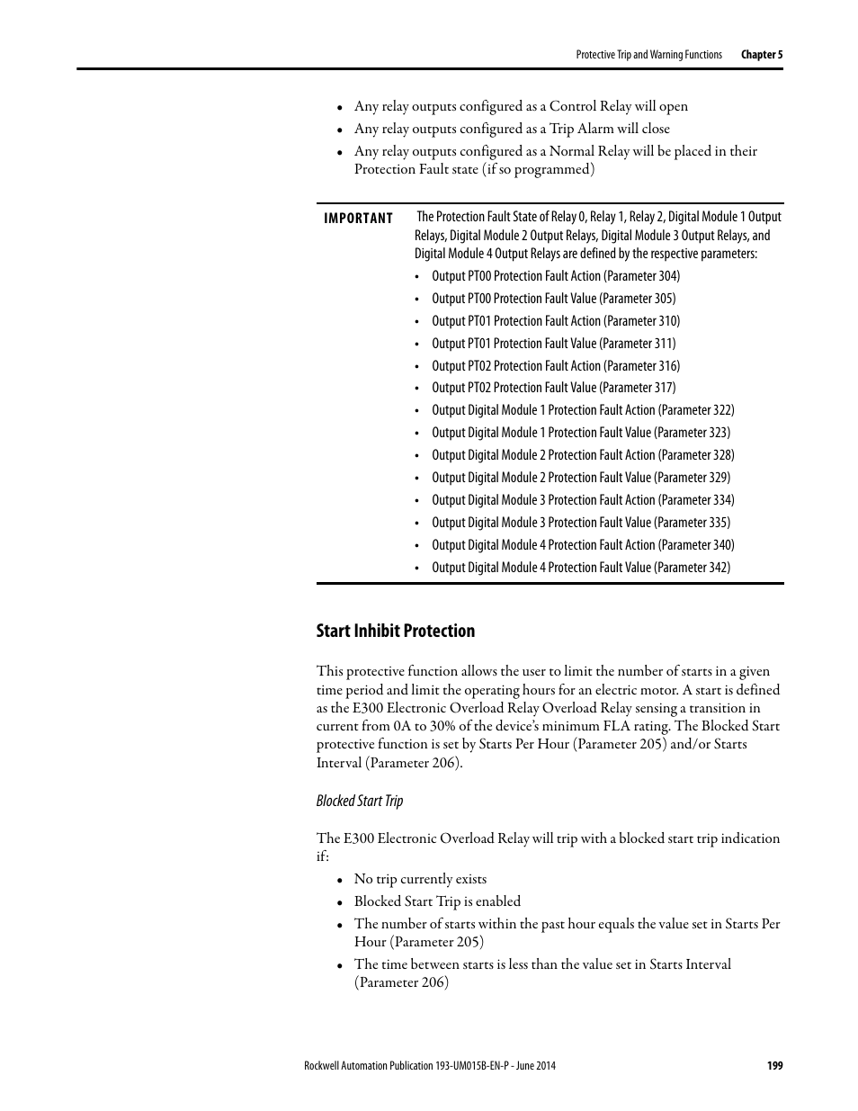 Start inhibit protection | Rockwell Automation 592- E300 Overload Relay User Manual User Manual | Page 199 / 424