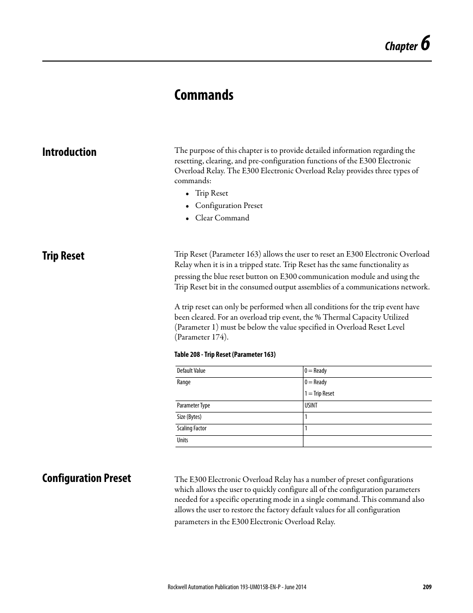 Chapter 6, Commands, Introduction | Trip reset, Configuration preset, Introduction trip reset configuration preset, Chapter | Rockwell Automation 592- E300 Overload Relay User Manual User Manual | Page 209 / 424