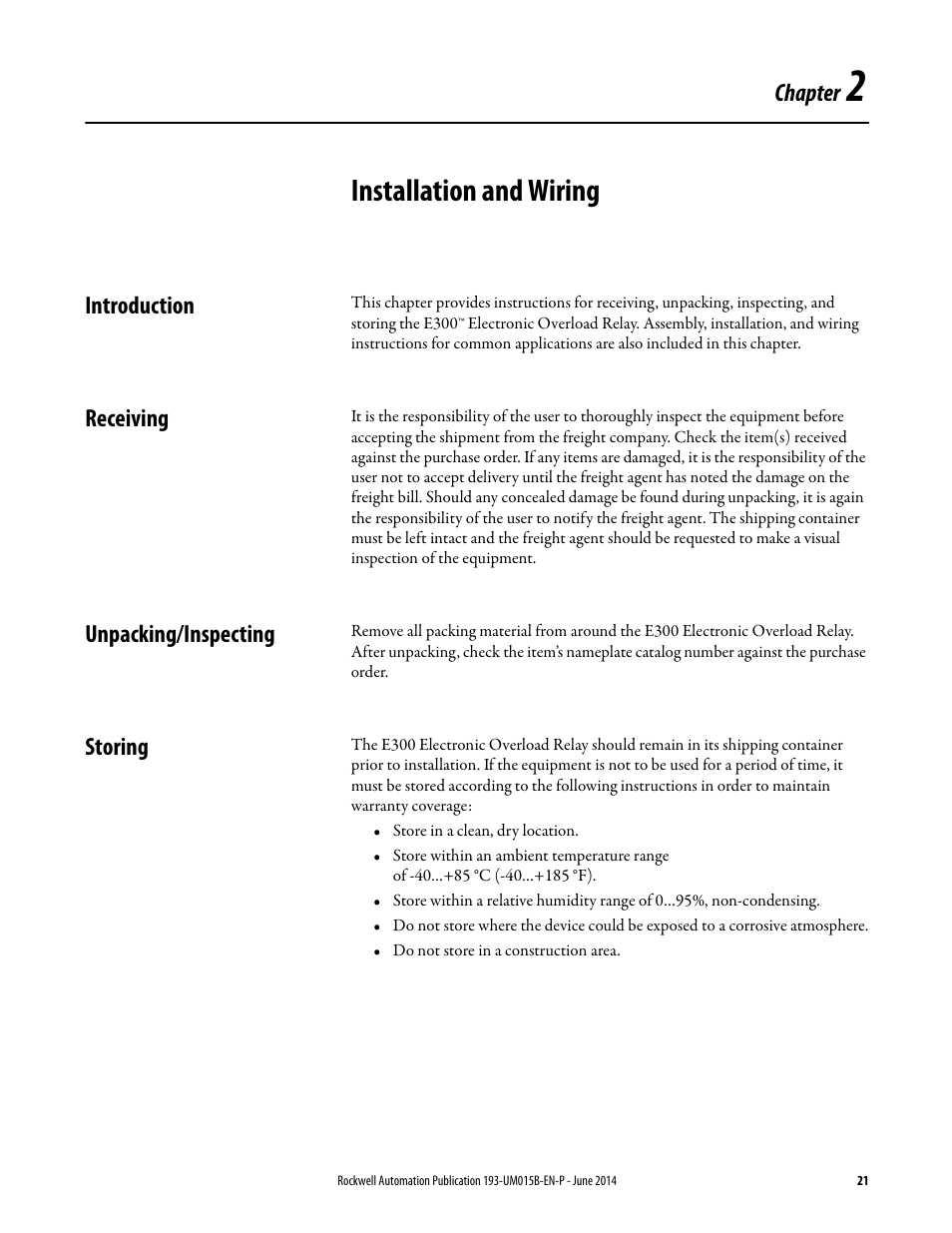 Chapter 2, Installation and wiring, Introduction | Receiving, Unpacking/inspecting, Storing, Chapter | Rockwell Automation 592- E300 Overload Relay User Manual User Manual | Page 21 / 424